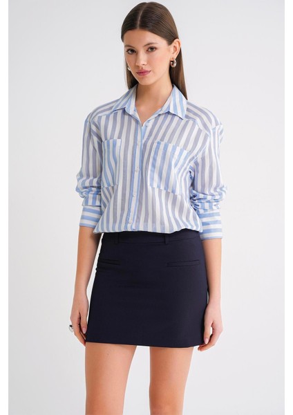 4650 Kadın Robalı Hafif Transparan Çizgili Basic Gömlek Bebe Mavi fiyatları