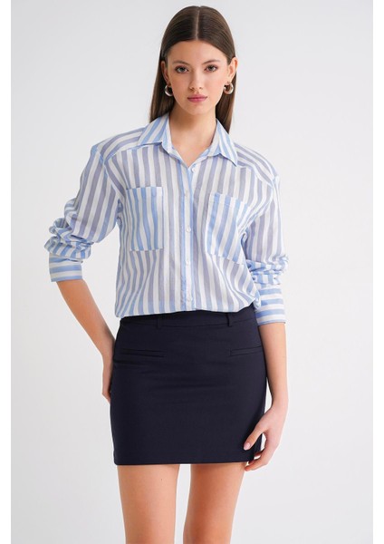 4650 Kadın Robalı Hafif Transparan Çizgili Basic Gömlek Bebe Mavi modelleri