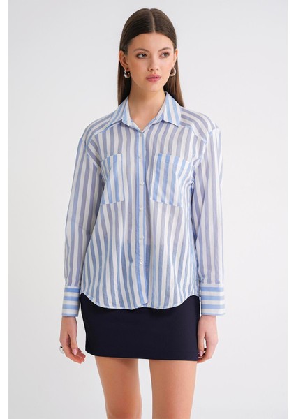 4650 Kadın Robalı Hafif Transparan Çizgili Basic Gömlek Bebe Mavi fırsatları
