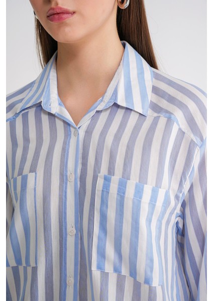 4650 Kadın Robalı Hafif Transparan Çizgili Basic Gömlek Bebe Mavi indirimleri