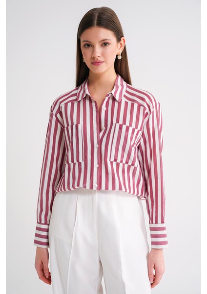 4650 Kadın Robalı Hafif Transparan Çizgili Basic Gömlek Bordo