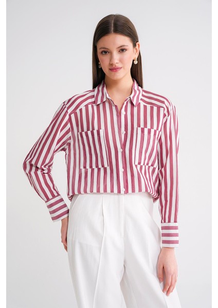 4650 Kadın Robalı Hafif Transparan Çizgili Basic Gömlek Bordo fiyatları
