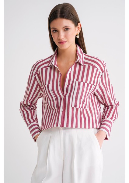 4650 Kadın Robalı Hafif Transparan Çizgili Basic Gömlek Bordo modelleri