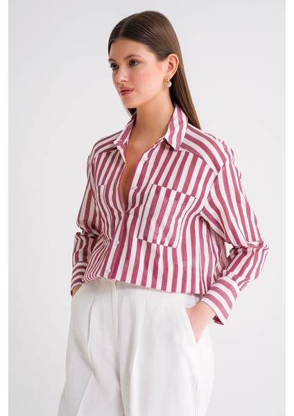 4650 Kadın Robalı Hafif Transparan Çizgili Basic Gömlek Bordo fırsatları