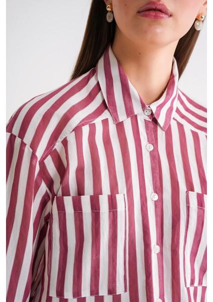 4650 Kadın Robalı Hafif Transparan Çizgili Basic Gömlek Bordo indirimleri