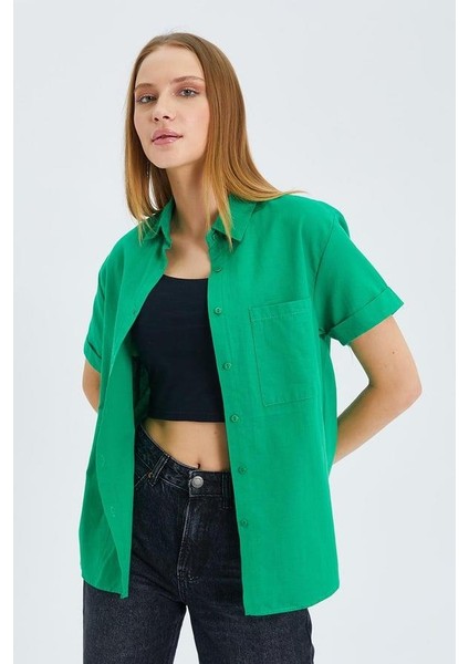 3950 Kadın Oxford Kısa Kollu Basic Gömlek Yeşil
