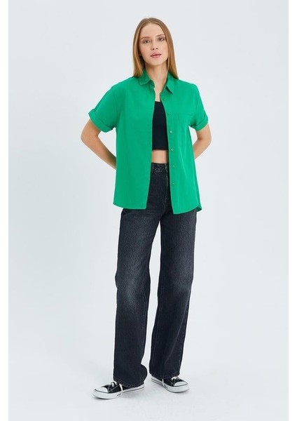 3950 Kadın Oxford Kısa Kollu Basic Gömlek Yeşil fiyatları