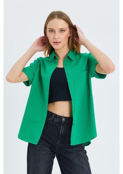 3950 Kadın Oxford Kısa Kollu Basic Gömlek Yeşil modelleri