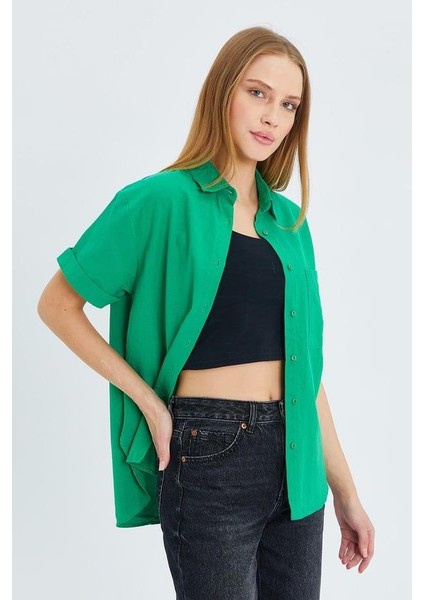 3950 Kadın Oxford Kısa Kollu Basic Gömlek Yeşil indirimleri
