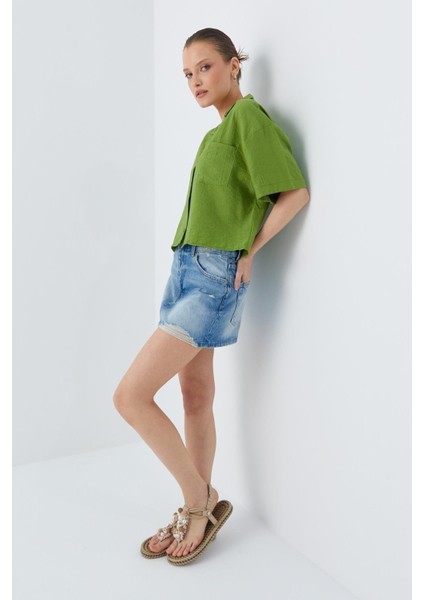 4556 Kadın Cepli Basic Crop Gömlek Olive fiyatları