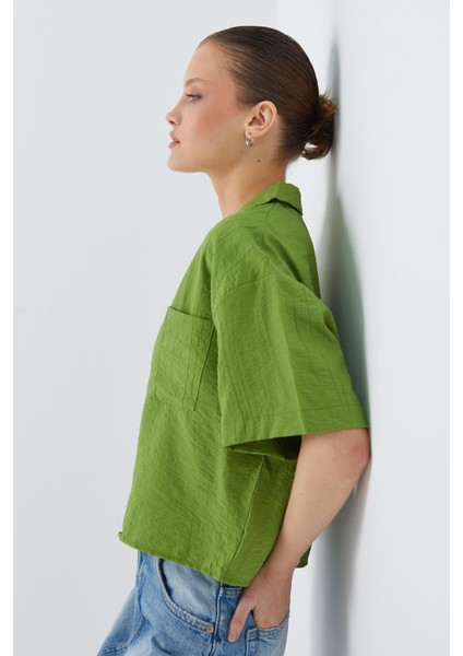 4556 Kadın Cepli Basic Crop Gömlek Olive modelleri