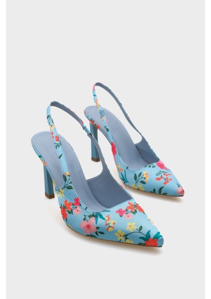 Arkası Açık Sivri Burunlu Yüksek Topuklu Çiçek Desenli Kadın Ayakkabı