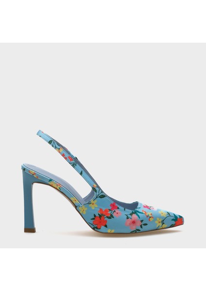 Arkası Açık Sivri Burunlu Yüksek Topuklu Çiçek Desenli Kadın Ayakkabı