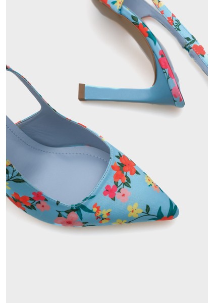 Arkası Açık Sivri Burunlu Yüksek Topuklu Çiçek Desenli Kadın Ayakkabı