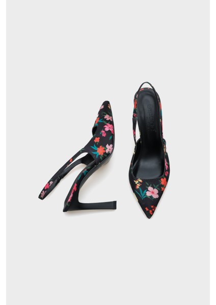 Arkası Açık Sivri Burunlu Yüksek Topuklu Çiçek Desenli Kadın Ayakkabı