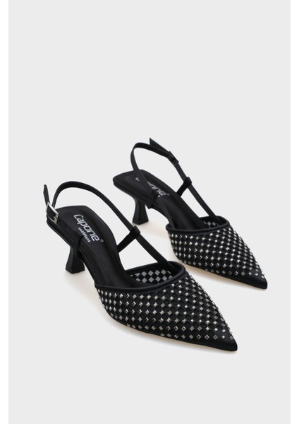 Olga Saten Taşlı Orta Topuklu Sivri Burunlu Arkası Açık Kadın Ayakkabı