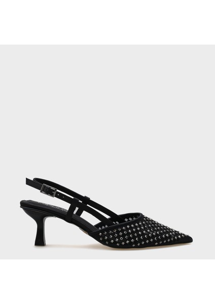 Olga Saten Taşlı Orta Topuklu Sivri Burunlu Arkası Açık Kadın Ayakkabı