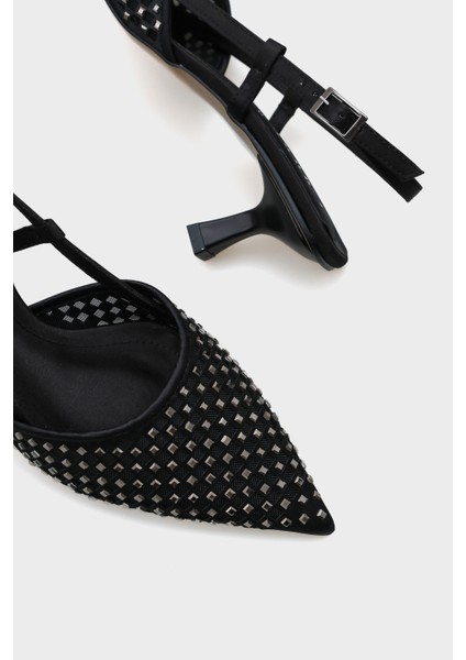 Olga Saten Taşlı Orta Topuklu Sivri Burunlu Arkası Açık Kadın Ayakkabı