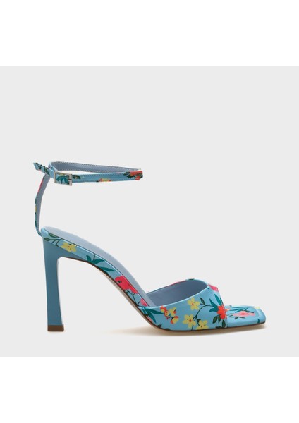 Arkası Açık Küt Burunlu Yüksek Topuklu Çiçek Desenli Kadın Ayakkabı