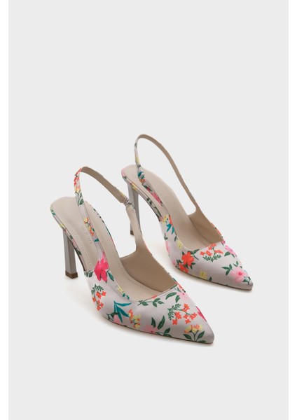 Arkası Açık Sivri Burunlu Yüksek Topuklu Çiçek Desenli Kadın Ayakkabı