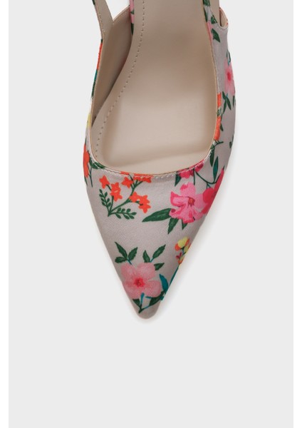Arkası Açık Sivri Burunlu Yüksek Topuklu Çiçek Desenli Kadın Ayakkabı