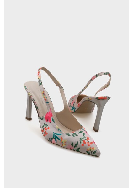 Arkası Açık Sivri Burunlu Yüksek Topuklu Çiçek Desenli Kadın Ayakkabı