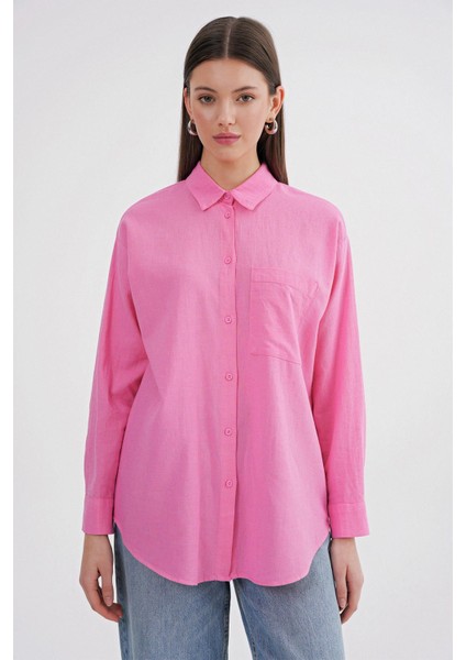 4670 Kadın Cepli Oversize Basic Keten Gömlek Pembe
