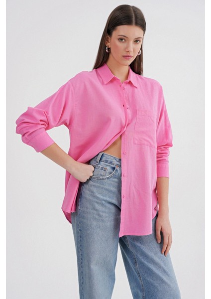 4670 Kadın Cepli Oversize Basic Keten Gömlek Pembe modelleri