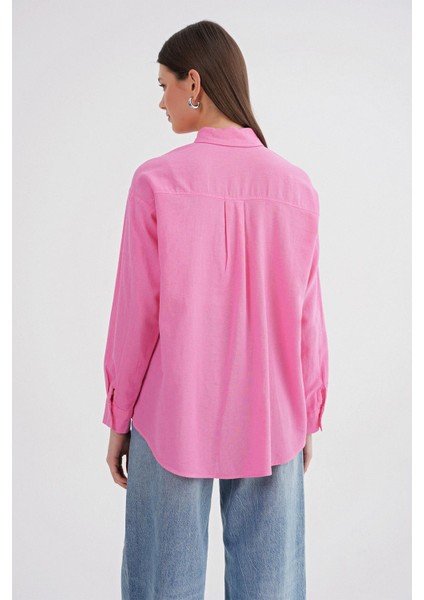 4670 Kadın Cepli Oversize Basic Keten Gömlek Pembe indirimleri