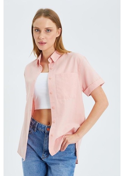 3950 Kadın Oxford Kısa Kollu Basic Gömlek Pudra