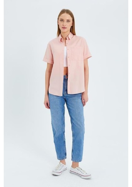 3950 Kadın Oxford Kısa Kollu Basic Gömlek Pudra fiyatları
