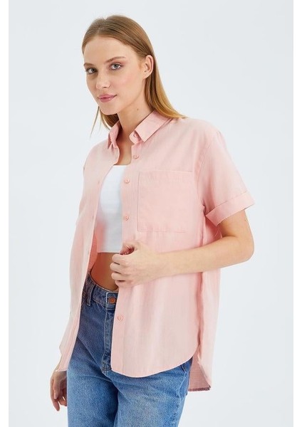 3950 Kadın Oxford Kısa Kollu Basic Gömlek Pudra modelleri