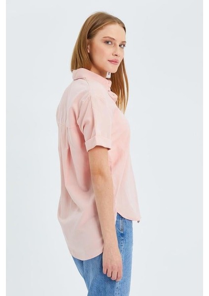 3950 Kadın Oxford Kısa Kollu Basic Gömlek Pudra indirimleri