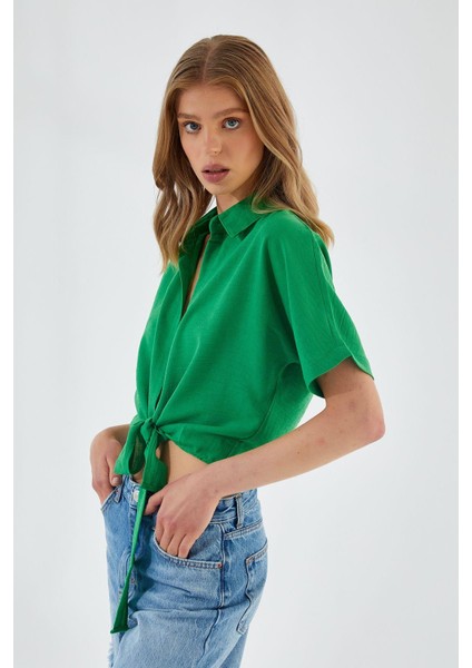 4230 Kadın Bağlamalı Yazlık Keten Gömlek Yeşil fiyatları