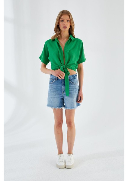4230 Kadın Bağlamalı Yazlık Keten Gömlek Yeşil modelleri