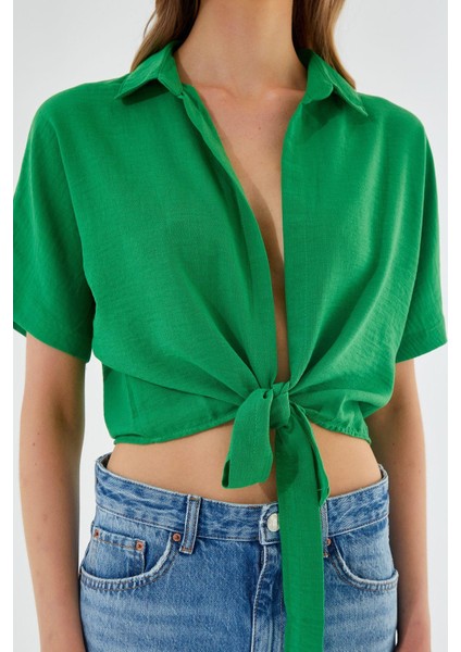 4230 Kadın Bağlamalı Yazlık Keten Gömlek Yeşil fırsatları