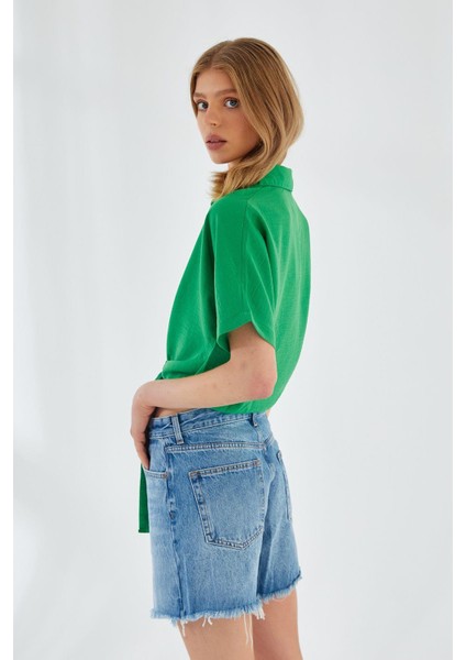 4230 Kadın Bağlamalı Yazlık Keten Gömlek Yeşil indirimleri