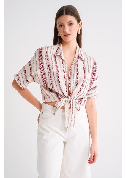 4651 Kadın Önden Bağlamalı Etnik Desen Müslin Gömlek Bordo