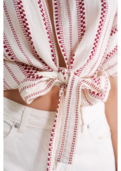 4651 Kadın Önden Bağlamalı Etnik Desen Müslin Gömlek Bordo modelleri