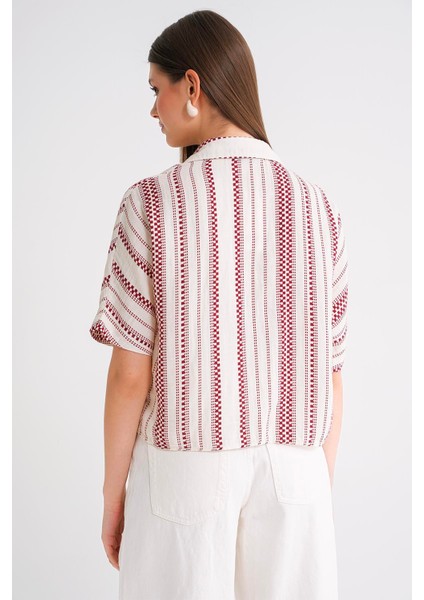 4651 Kadın Önden Bağlamalı Etnik Desen Müslin Gömlek Bordo fırsatları