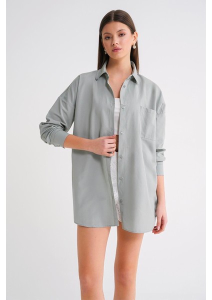 4053 Kadın Tek Cepli Oversize Basic Gömlek Mint