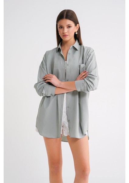 4053 Kadın Tek Cepli Oversize Basic Gömlek Mint fiyatları