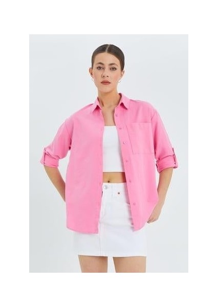 9942 Kadın Oxford Uzun Kol Basic Gömlek Şeker Pembe