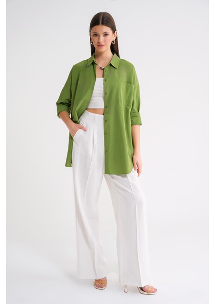 4053 Kadın Tek Cepli Oversize Basic Gömlek Fıstık Yeşili