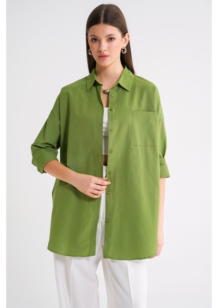 4053 Kadın Tek Cepli Oversize Basic Gömlek Fıstık Yeşili fırsatları