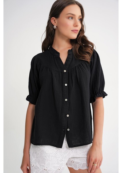 4725 Kadın Büzgü Robalı Kolu Fırfırlı Müslin Gömlek Siyah