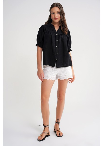 4725 Kadın Büzgü Robalı Kolu Fırfırlı Müslin Gömlek Siyah fiyatları