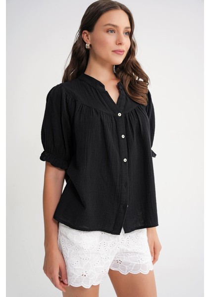 4725 Kadın Büzgü Robalı Kolu Fırfırlı Müslin Gömlek Siyah modelleri