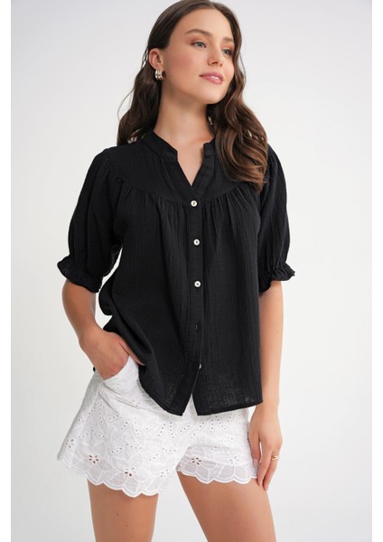 4725 Kadın Büzgü Robalı Kolu Fırfırlı Müslin Gömlek Siyah fırsatları
