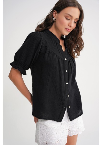 4725 Kadın Büzgü Robalı Kolu Fırfırlı Müslin Gömlek Siyah indirimleri
